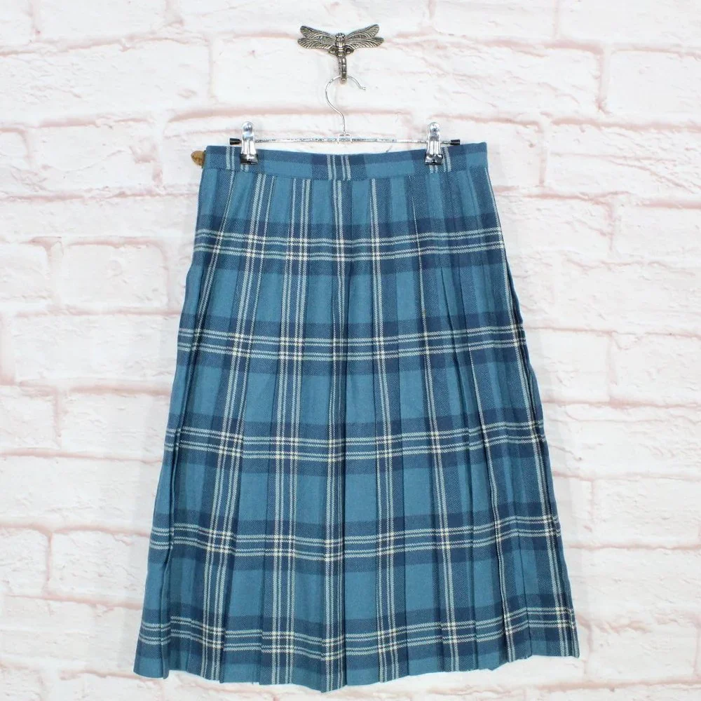 Vintage Harrods Blue 100% Wool Plaid Tartan Kilt Skirt Size 12 - Picture 4 of 9